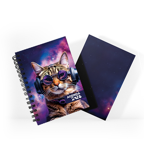Agenda 2026 tamanho 15x21cm com capa dura em papel empastada com cartão e debrú laminação Prolan, lombada quadrada ou wire-o e miolo pronto